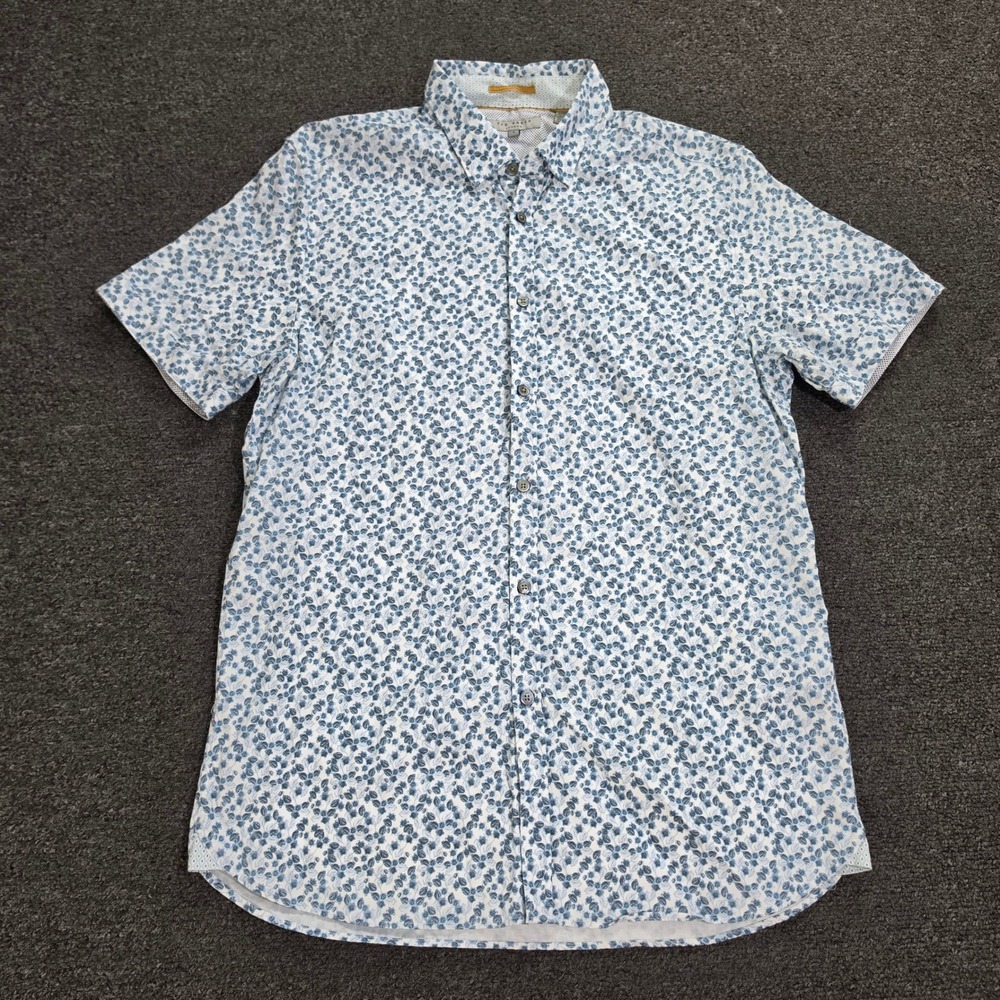 Ted Baker  Shirt Mens Large White Blue Floral Leaf Print Cotton Button Down